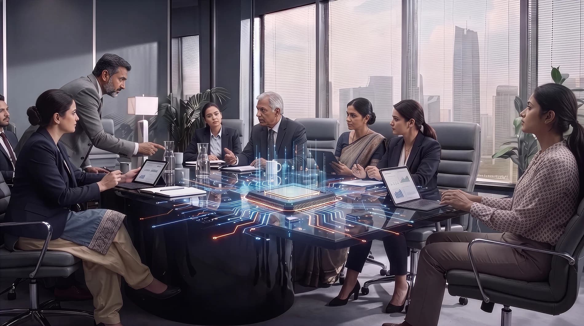 Makonis Semicon leadership team in a boardroom discussion